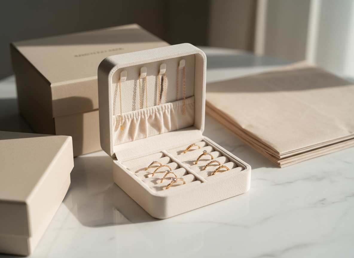Una delicada composición fotográfica de un elegante display de accesorios femeninos en tonos dorado pálido y nude. En el centro, un joyero abierto de terciopelo color marfil muestra pulseras minimalistas, anillos finos con pequeñas circonias y un collar de cadena delgada perfectamente ordenados. El conjunto reposa sobre una base de mármol blanco veteado, con cajas de regalo beige mate y papel de seda plegado al fondo, ligeramente desenfocado. Luz natural suave de tarde entra lateralmente, creando reflejos sutiles en los metales y sombras delicadas. Toma a nivel de mesa, con profundidad de campo reducida, estilo fotográfico realista, atmósfera sofisticada, limpia y moderna, ideal para portada de una tienda de accesorios femeninos con envíos a todo el país.